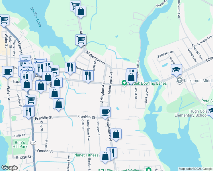 map of restaurants, bars, coffee shops, grocery stores, and more near 87 Arlington Avenue in Warren