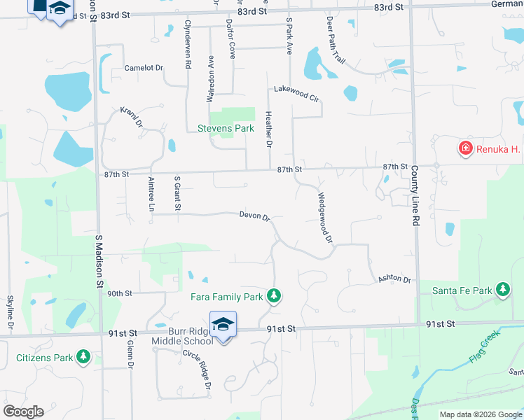 map of restaurants, bars, coffee shops, grocery stores, and more near 340 Devon Drive in Burr Ridge