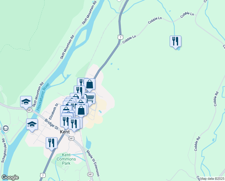 map of restaurants, bars, coffee shops, grocery stores, and more near 100 North Main Street in Kent