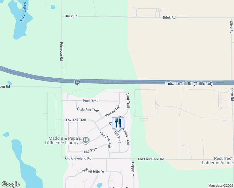 map of restaurants, bars, coffee shops, grocery stores, and more near 25626 Scent Trail in South Bend