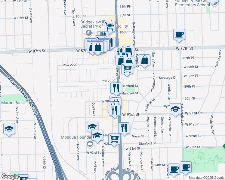 map of restaurants, bars, coffee shops, grocery stores, and more near 8944 Harlem Avenue in Bridgeview