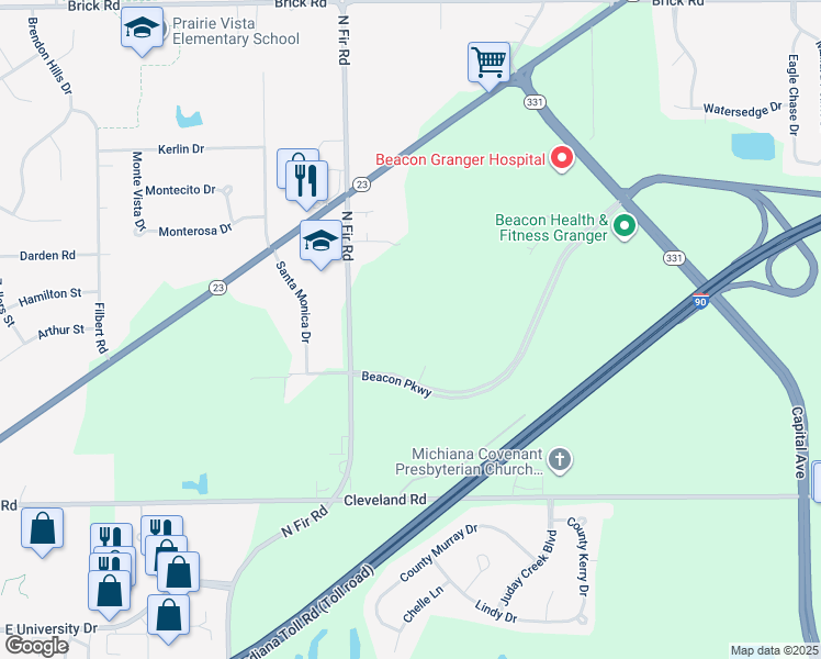 map of restaurants, bars, coffee shops, grocery stores, and more near 52700 North Fir Road in Granger