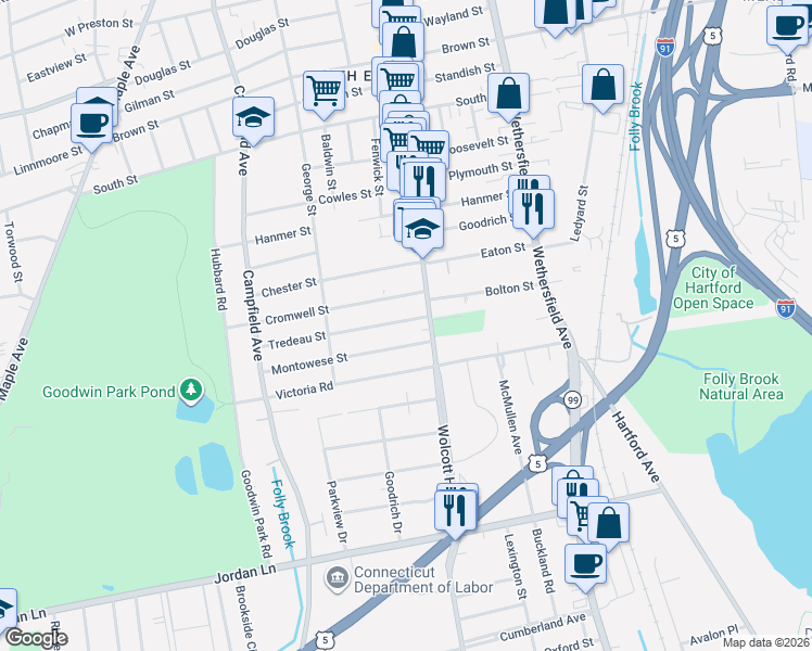 map of restaurants, bars, coffee shops, grocery stores, and more near 17 Tredeau Street in Hartford