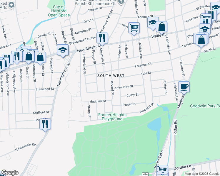 map of restaurants, bars, coffee shops, grocery stores, and more near 159 Harvard Street in Hartford
