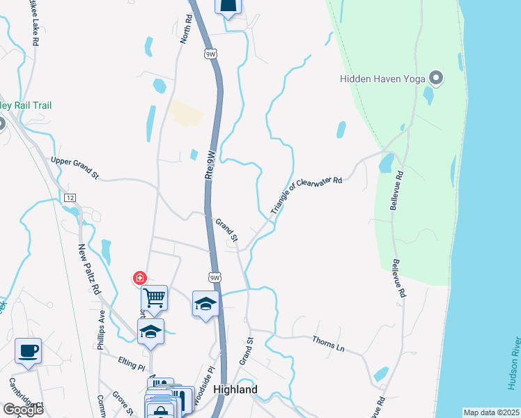 map of restaurants, bars, coffee shops, grocery stores, and more near 7 Triangle of Clearwater Road in Highland