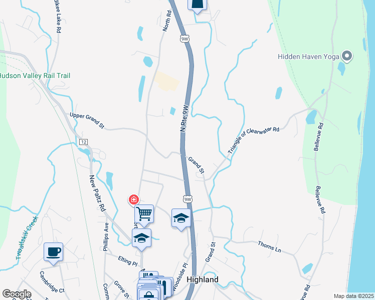 map of restaurants, bars, coffee shops, grocery stores, and more near 3497 US Highway 9W in Highland