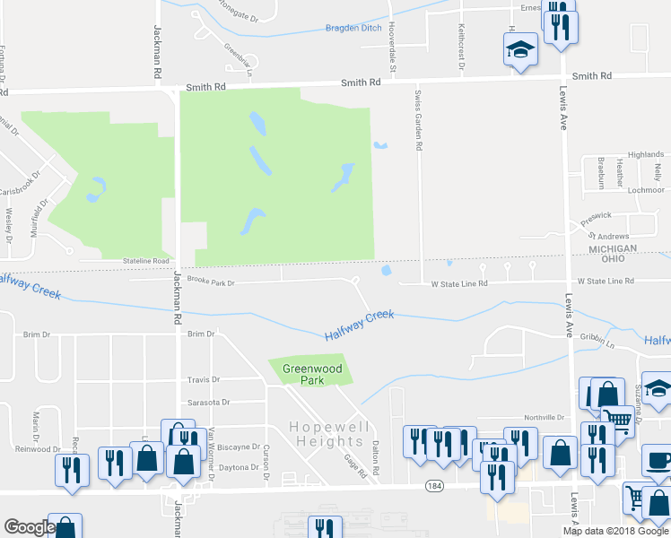 map of restaurants, bars, coffee shops, grocery stores, and more near 1411 Brooke Park Drive in Toledo