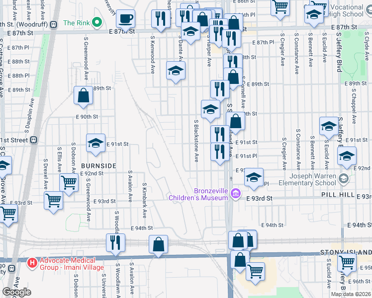 map of restaurants, bars, coffee shops, grocery stores, and more near 9128 South Dante Avenue in Chicago