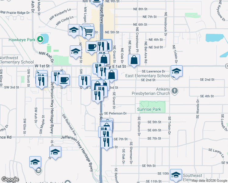 map of restaurants, bars, coffee shops, grocery stores, and more near 326 Southeast Grant Street in Ankeny