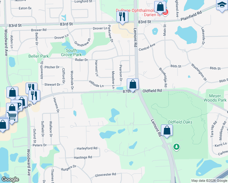 map of restaurants, bars, coffee shops, grocery stores, and more near 2116 87th Street in Darien