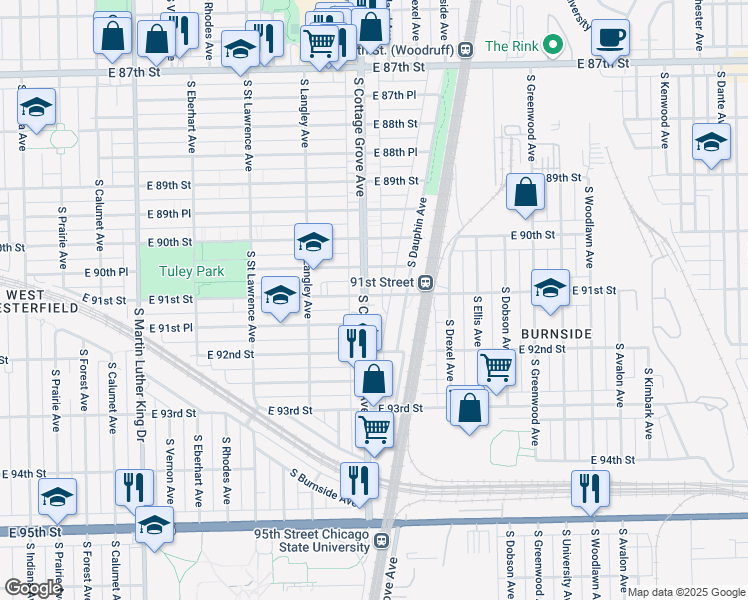 map of restaurants, bars, coffee shops, grocery stores, and more near 9101 South Cottage Grove Avenue in Chicago