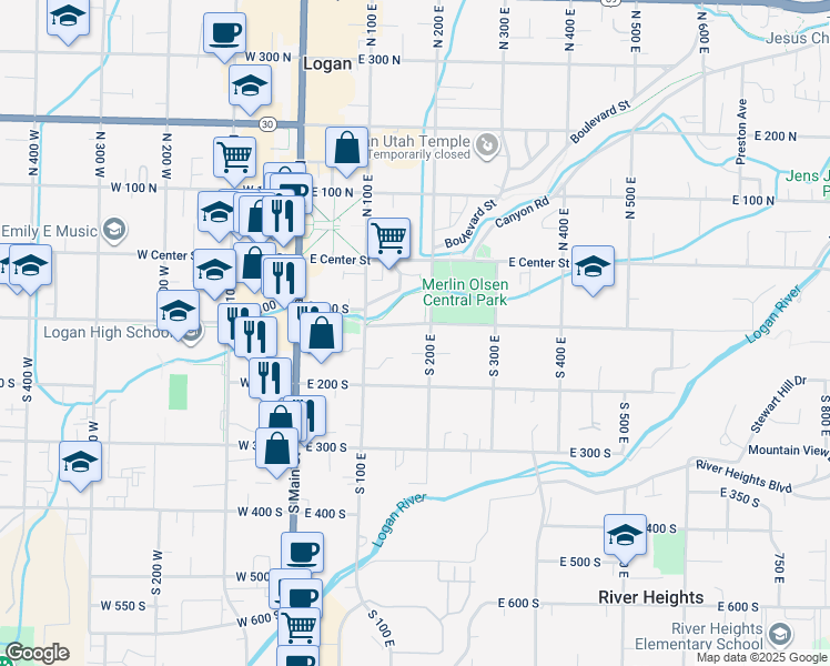 map of restaurants, bars, coffee shops, grocery stores, and more near 100 South 200 East in Logan