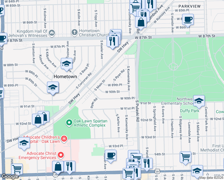 map of restaurants, bars, coffee shops, grocery stores, and more near 4150 West 90th Place in Hometown