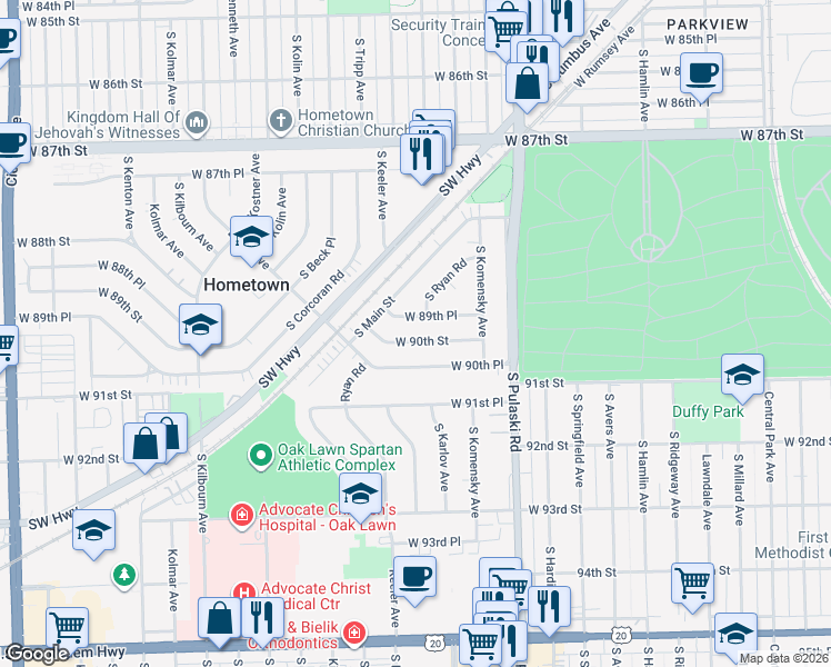 map of restaurants, bars, coffee shops, grocery stores, and more near 4134 West 90th Street in Hometown