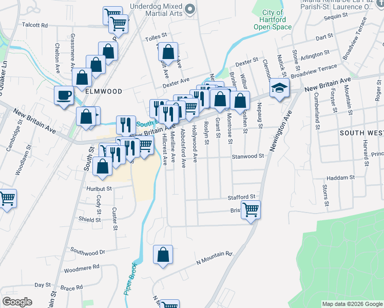 map of restaurants, bars, coffee shops, grocery stores, and more near 74 Abbotsford Avenue in West Hartford