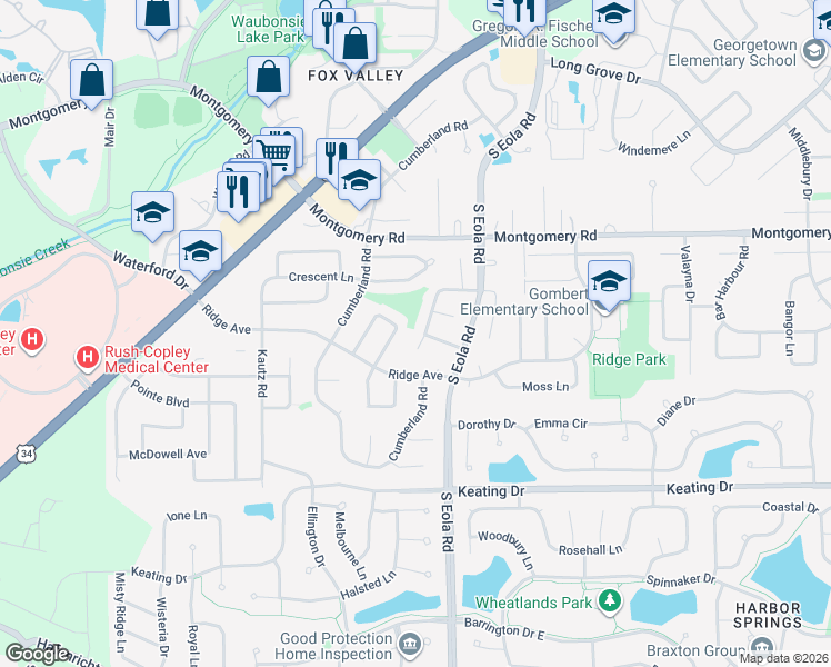 map of restaurants, bars, coffee shops, grocery stores, and more near 2470 Ridge Avenue in Aurora