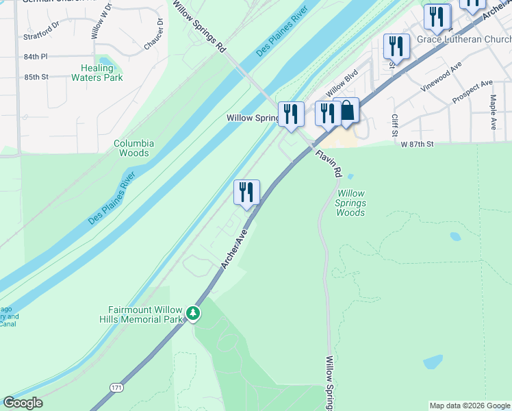 map of restaurants, bars, coffee shops, grocery stores, and more near 8850 Archer Avenue in Willow Springs