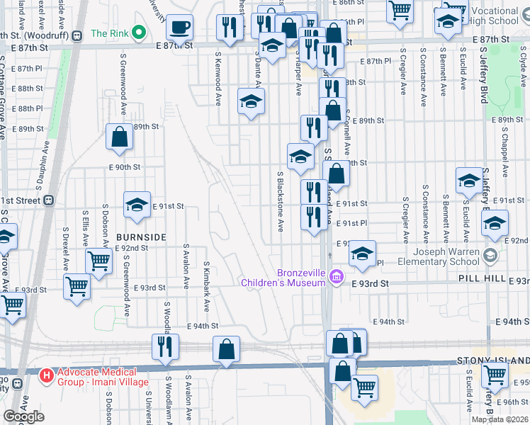 map of restaurants, bars, coffee shops, grocery stores, and more near 9128 South Dante Avenue in Chicago