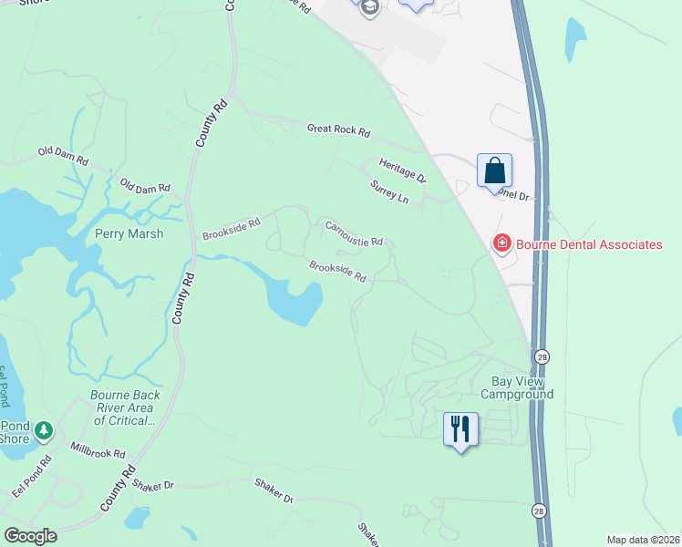map of restaurants, bars, coffee shops, grocery stores, and more near 34 Carnoustie Road in Bourne