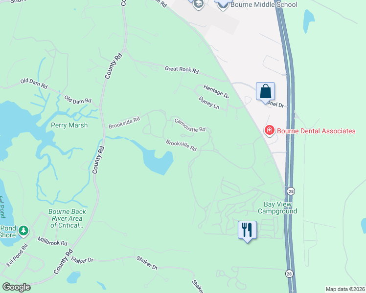 map of restaurants, bars, coffee shops, grocery stores, and more near 34 Carnoustie Road in Bourne