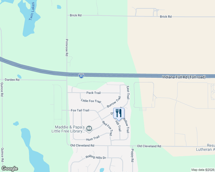 map of restaurants, bars, coffee shops, grocery stores, and more near 25626 Scent Trail in South Bend
