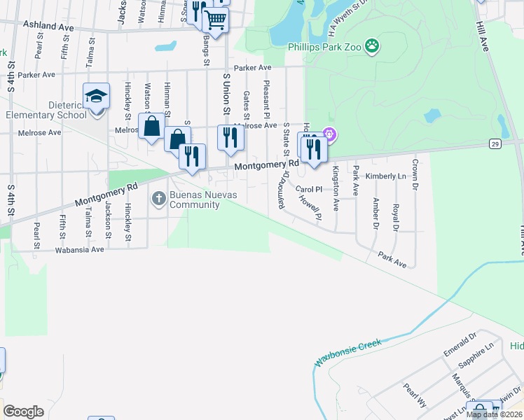 map of restaurants, bars, coffee shops, grocery stores, and more near 1325 Raymond Drive in Montgomery