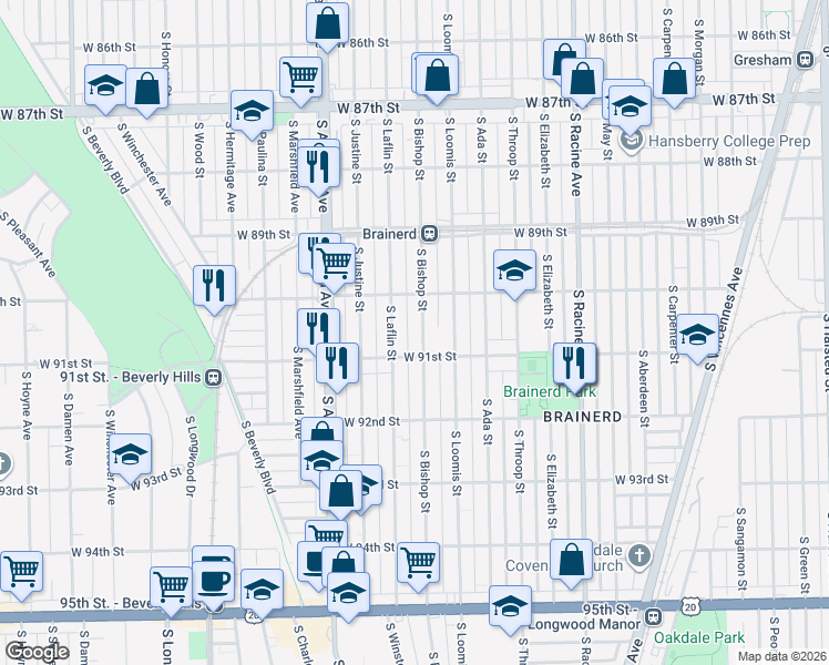 map of restaurants, bars, coffee shops, grocery stores, and more near 9036 South Bishop Street in Chicago