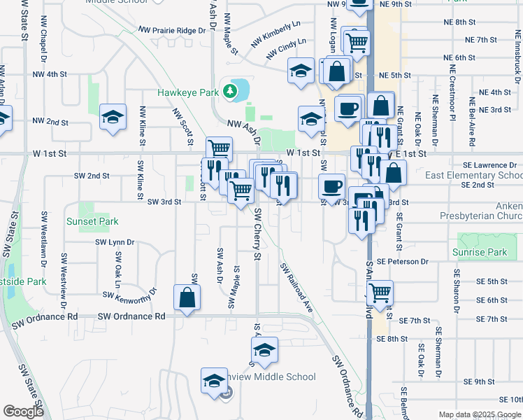 map of restaurants, bars, coffee shops, grocery stores, and more near 214 Southwest Cherry Street in Ankeny