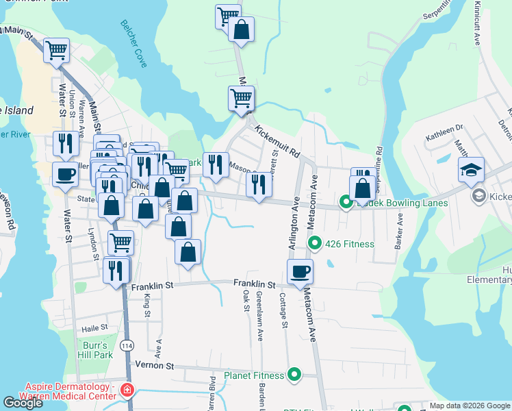 map of restaurants, bars, coffee shops, grocery stores, and more near 275 Child Street in Warren