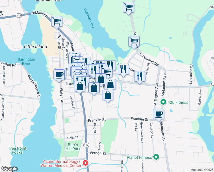 map of restaurants, bars, coffee shops, grocery stores, and more near 126 Rhode Island 103 in Warren