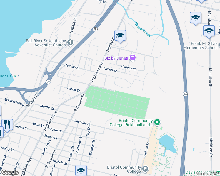 map of restaurants, bars, coffee shops, grocery stores, and more near 31 Highcrest Road in Fall River