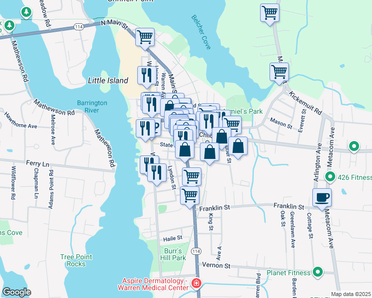 map of restaurants, bars, coffee shops, grocery stores, and more near 31 Child Street in Warren