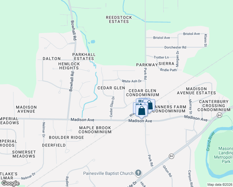 map of restaurants, bars, coffee shops, grocery stores, and more near 121 Red Pine Drive in Painesville
