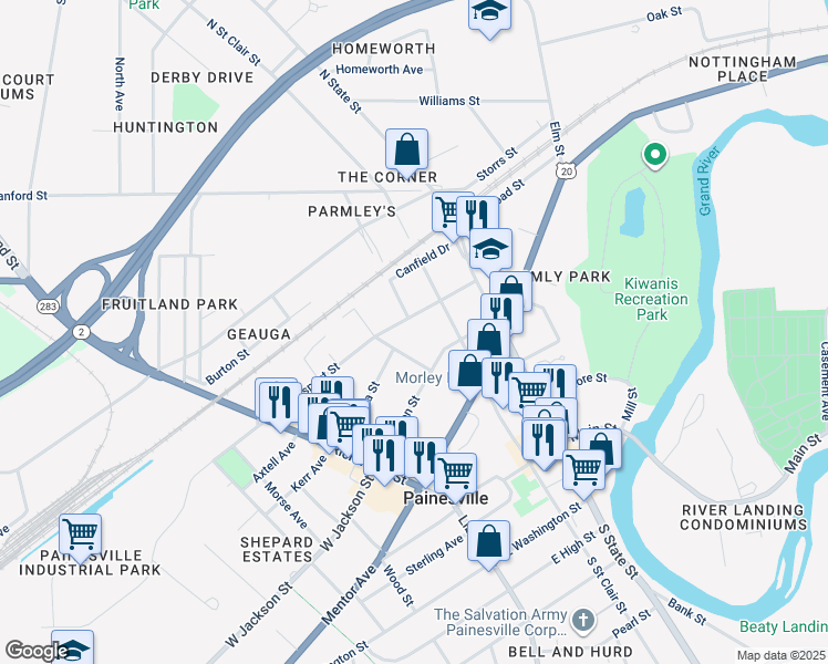 map of restaurants, bars, coffee shops, grocery stores, and more near 319 Owego Street in Painesville
