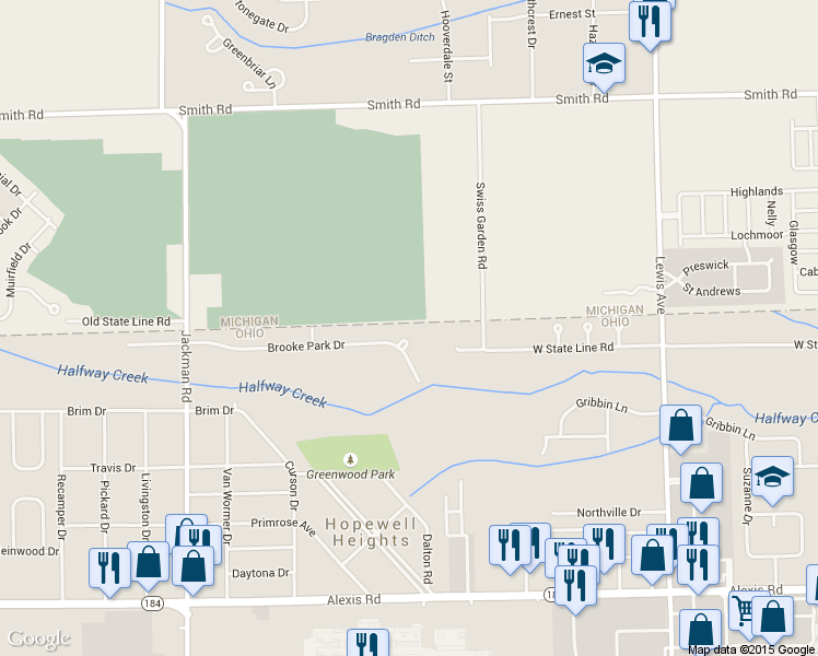 map of restaurants, bars, coffee shops, grocery stores, and more near 1332 Brooke Park Drive in Toledo