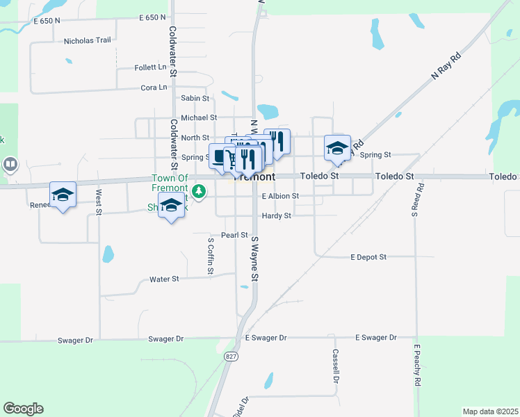 map of restaurants, bars, coffee shops, grocery stores, and more near Wayne Street in Fremont