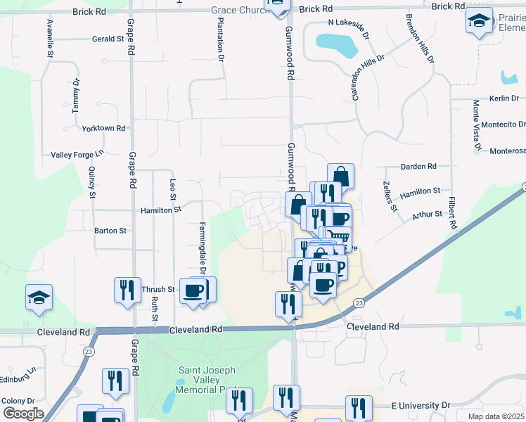 map of restaurants, bars, coffee shops, grocery stores, and more near 52513 Gumwood Road in Granger