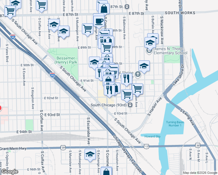 map of restaurants, bars, coffee shops, grocery stores, and more near 3017 East 91st Street in Chicago
