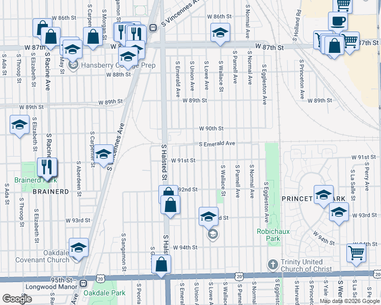 map of restaurants, bars, coffee shops, grocery stores, and more near 9035 South Emerald Avenue in Chicago