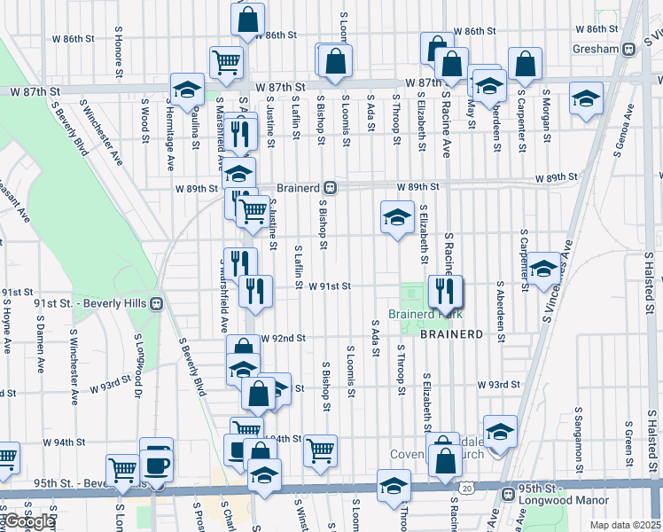 map of restaurants, bars, coffee shops, grocery stores, and more near 9012 South Loomis Street in Chicago