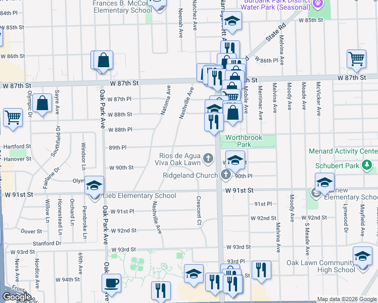 map of restaurants, bars, coffee shops, grocery stores, and more near 6436 89th Place in Oak Lawn