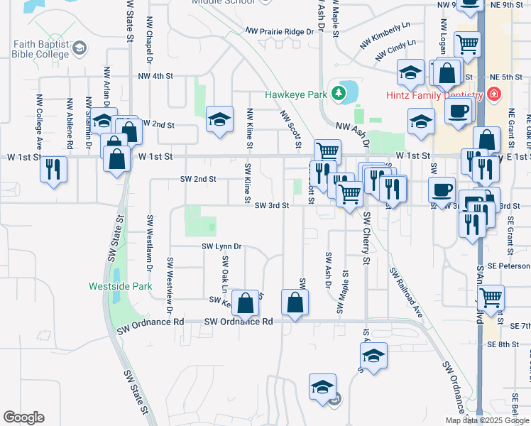 map of restaurants, bars, coffee shops, grocery stores, and more near 1008 Southwest 3rd Street in Ankeny