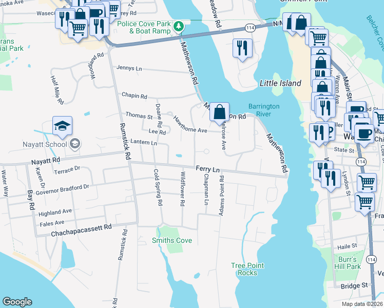 map of restaurants, bars, coffee shops, grocery stores, and more near 6 Owings Stone Road in Barrington