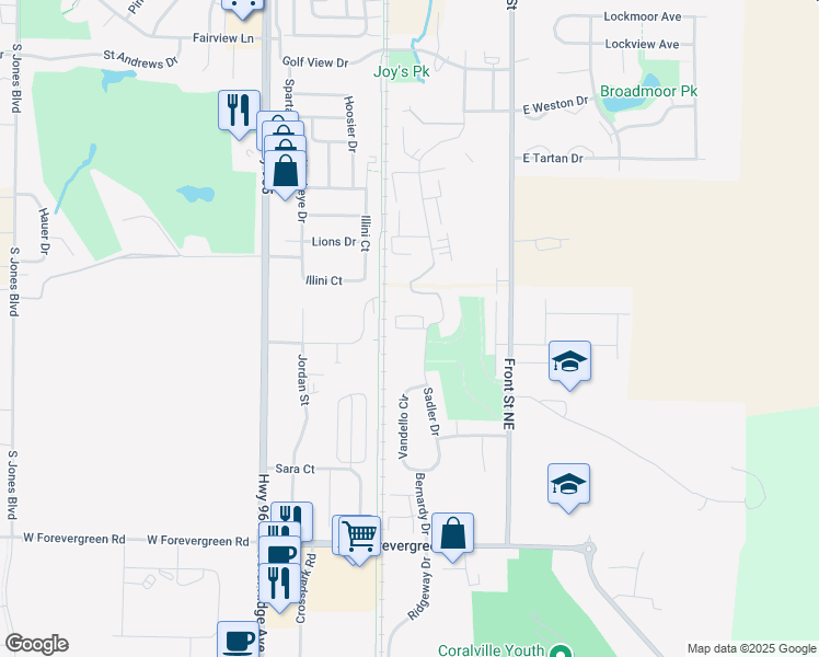 map of restaurants, bars, coffee shops, grocery stores, and more near Sadler Lane in North Liberty