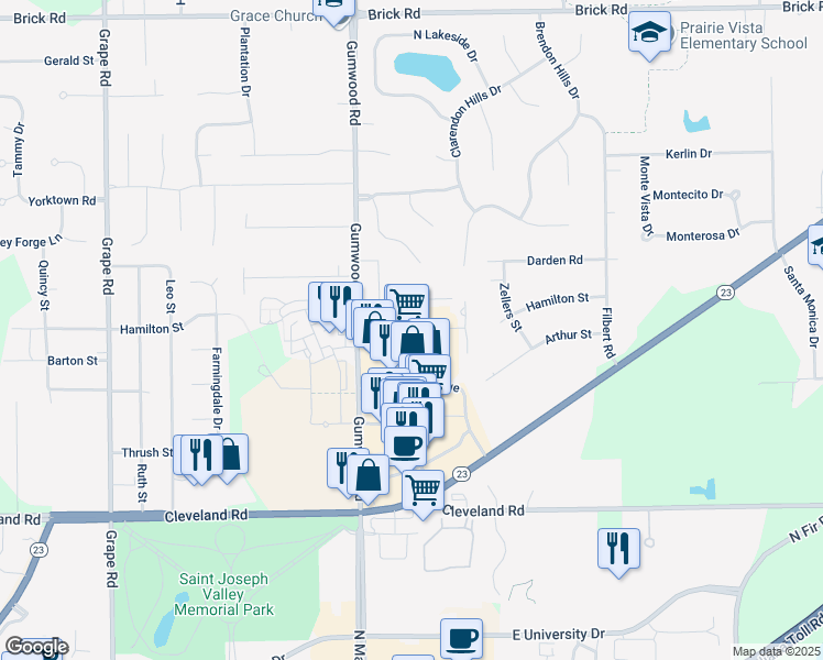 map of restaurants, bars, coffee shops, grocery stores, and more near Toscana Boulevard in Granger