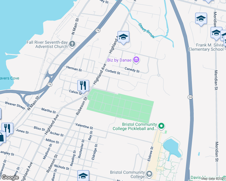 map of restaurants, bars, coffee shops, grocery stores, and more near 31 Highcrest Road in Fall River