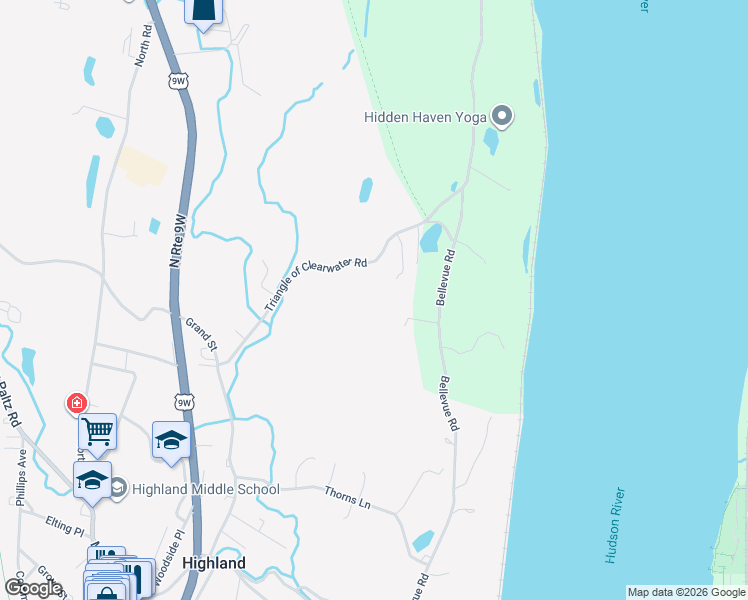 map of restaurants, bars, coffee shops, grocery stores, and more near 50 Triangle of Clearwater Road in Highland
