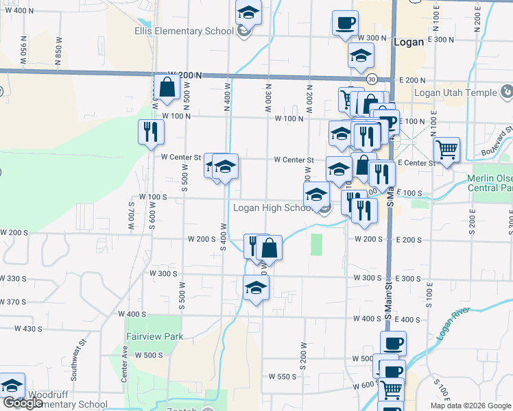 map of restaurants, bars, coffee shops, grocery stores, and more near 305 West 100 South in Logan