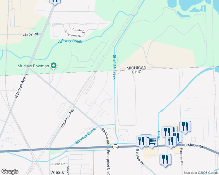 map of restaurants, bars, coffee shops, grocery stores, and more near 6240 American Road in Toledo