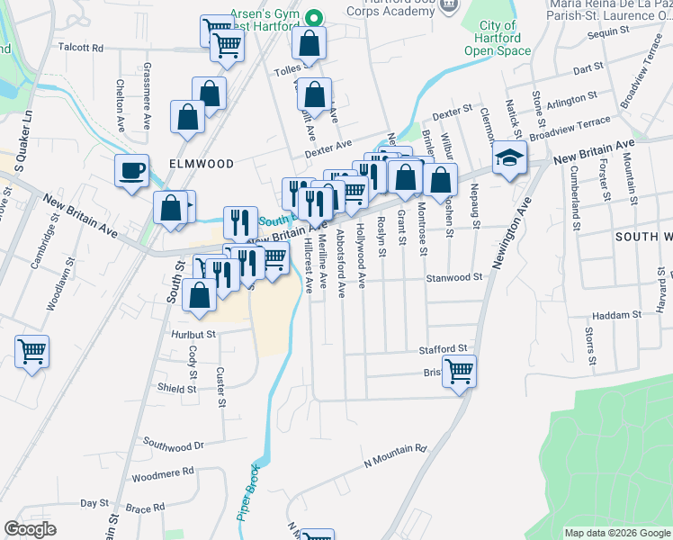 map of restaurants, bars, coffee shops, grocery stores, and more near 30 Abbotsford Avenue in West Hartford
